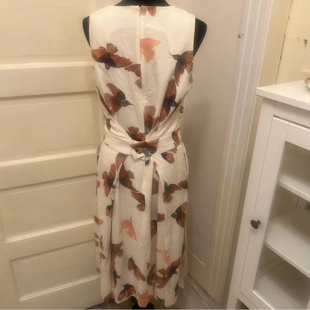MM LaFleur Cream Midi Dress with Bird Print Resort Coastal Nature Sleeveless - Picture 5 of 11